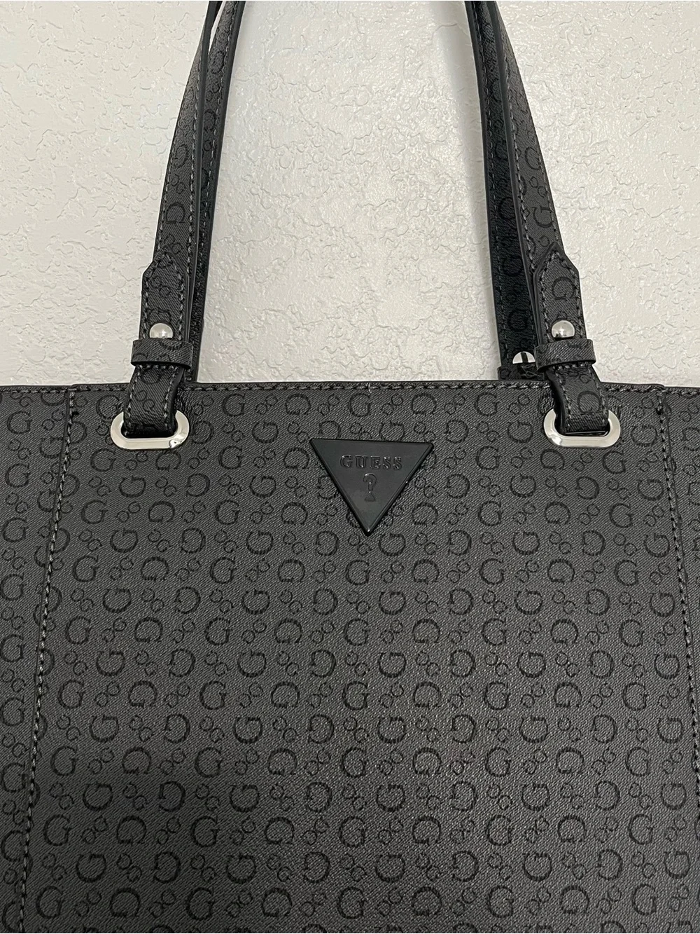 Guess Black Monogram Tote with Triangle Logo Accent